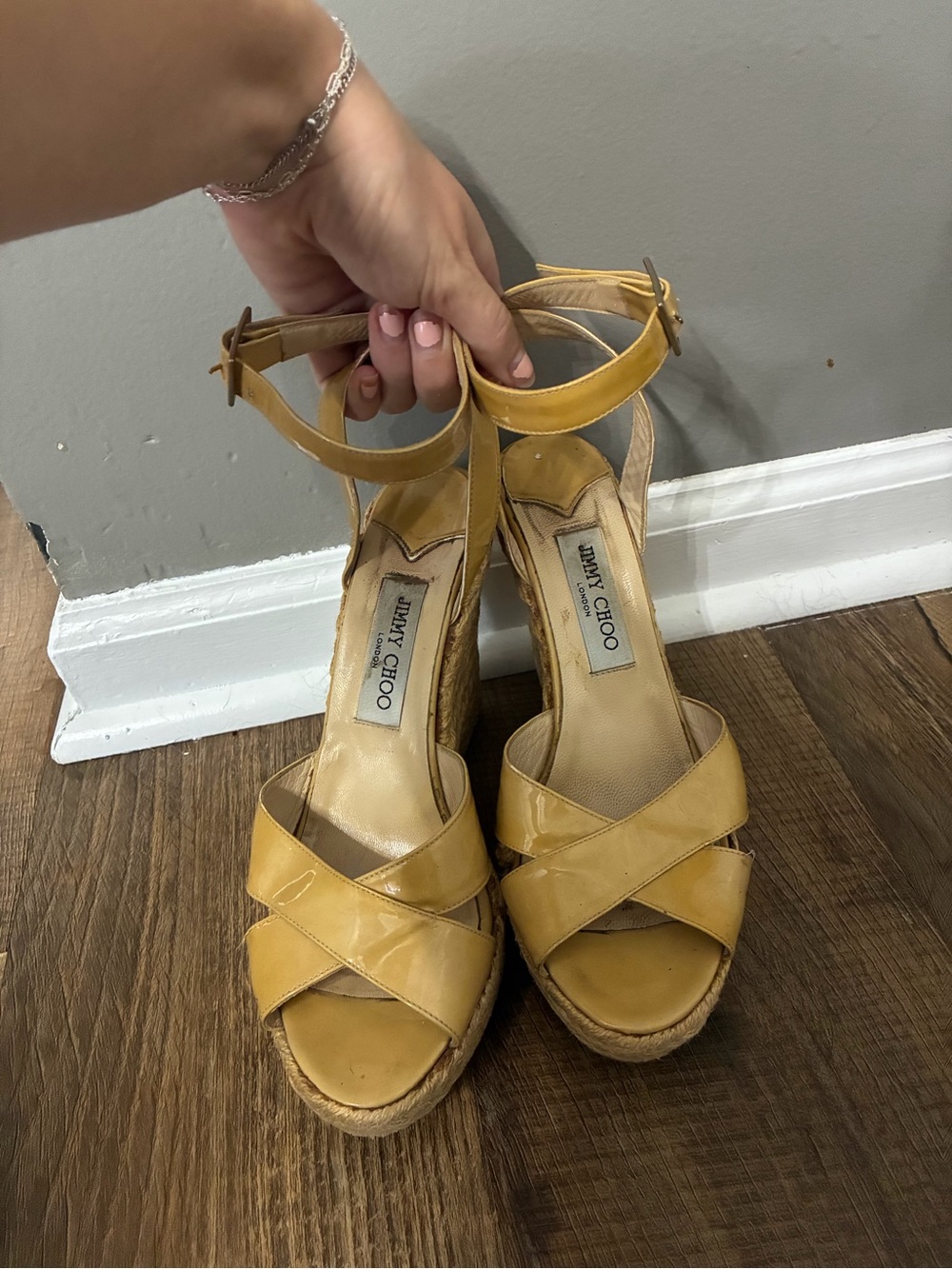 Jimmy Choo Mustard Patent Leather Crisscross Wedge Sandals